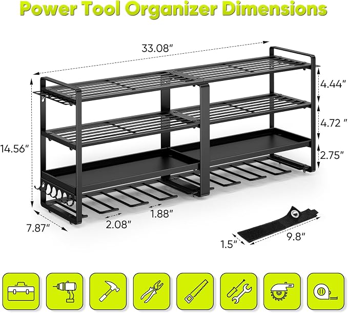 33" W Large Power Tool Organizer Wall Mount Loads 400 lbs, Heavy Duty 8 Drills - Image 6