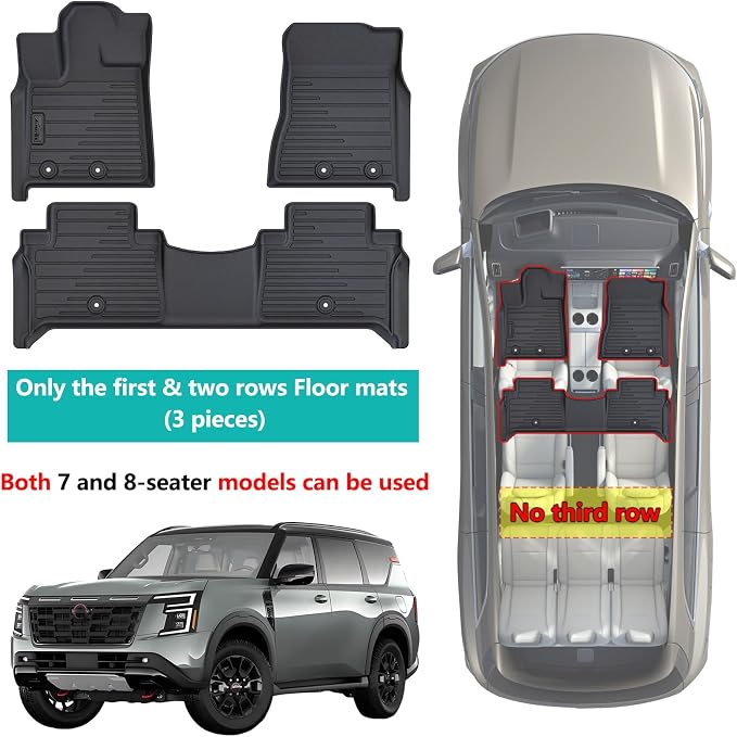 2 Rows Floor Mats for 2025 Nissan Armada 7 and 8 Passenger Models, TPE All - Image 2