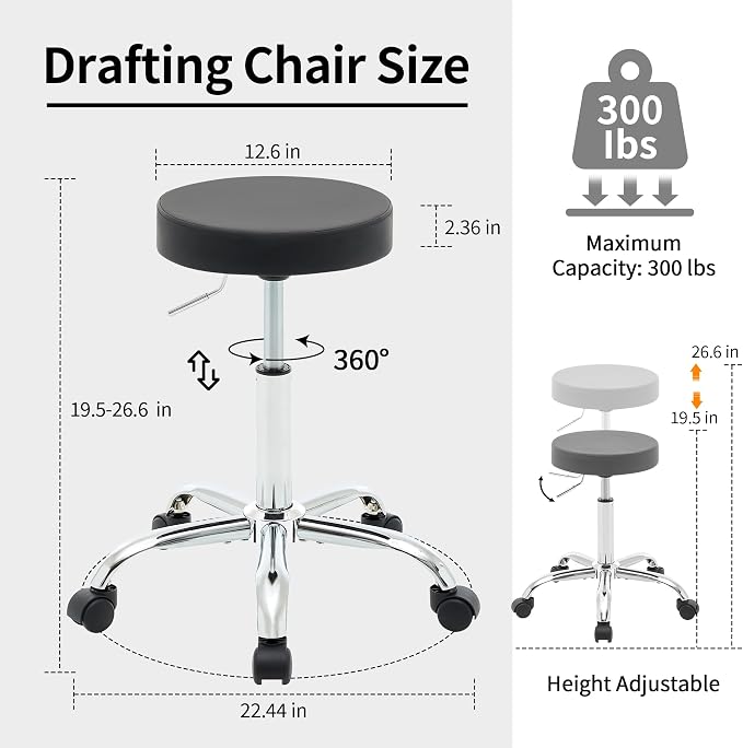 Rolling Office Stools, Adjustable Drafting Stool on Wheels 19.5’’-26.6’’ - Image 2