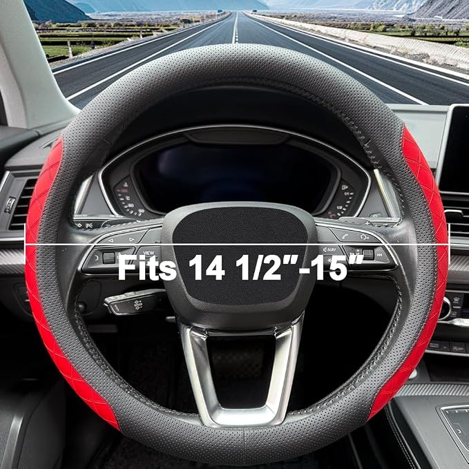 LKWLIKEI Nappa Leather Steering Wheel Cover, Elegant Diamond Checkered Design - Image 3