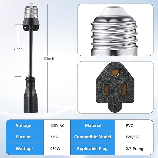 Feekoon 1 Pack 3 Outlet Light Socket Adapter, Convert E26/E27 Bulb Socket to 3 - Image 2