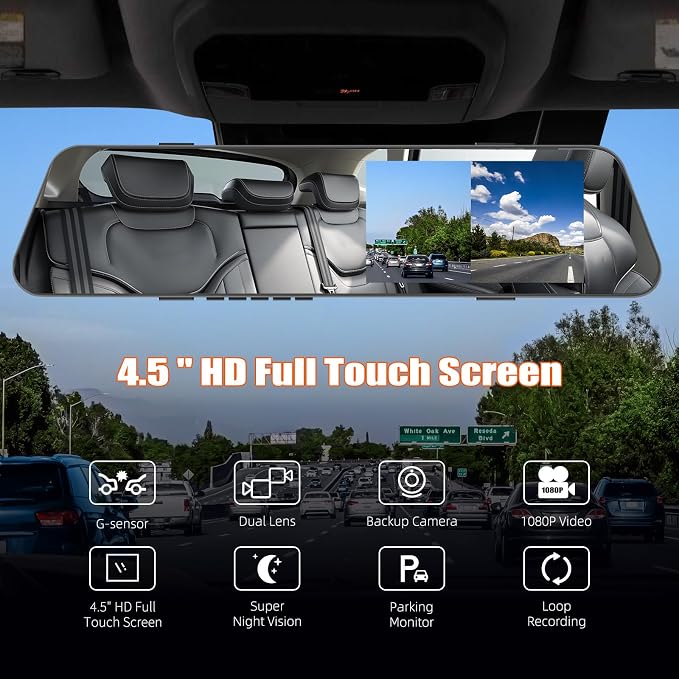 Mirror Dash Cam for Cars, 4.5 Inch Rear View Mirror 1080P Front and Rear View - Image 2