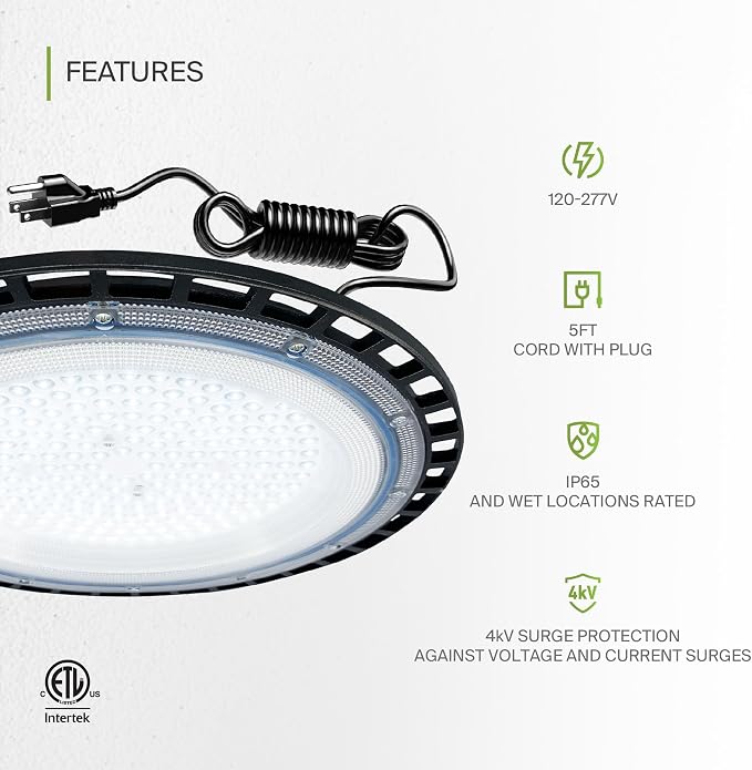 ASD LED High Bay UFO Light Fixture, Commercial Shop Lighting | Plug & Play Cable - Image 3