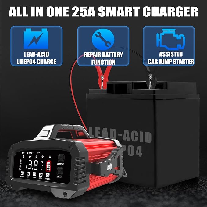 E-FAST 25A Battery Charger, 12/24V All in One Lifepo4 Lead Acid Car Battery - Image 2