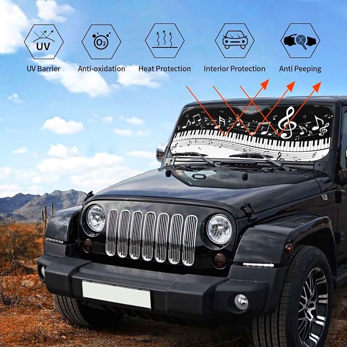 Black White Music Car Windshield Sunshade Front Window Sun Visor Protector - Image 6