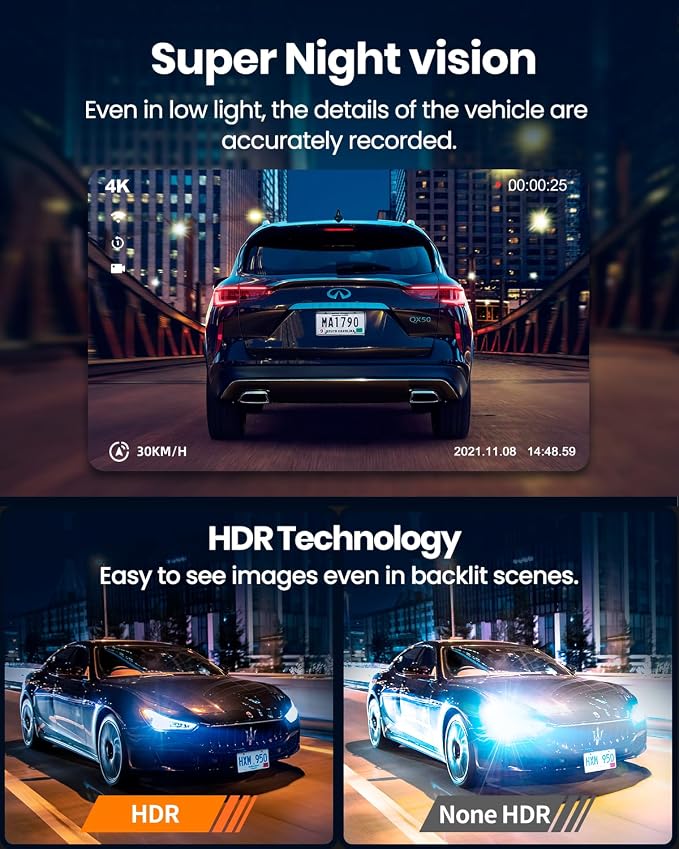4K Dash Cam Front and Rear, Built-in WiFi GPS, 3.3"IPS Screen, HDR Night Vision - Image 4