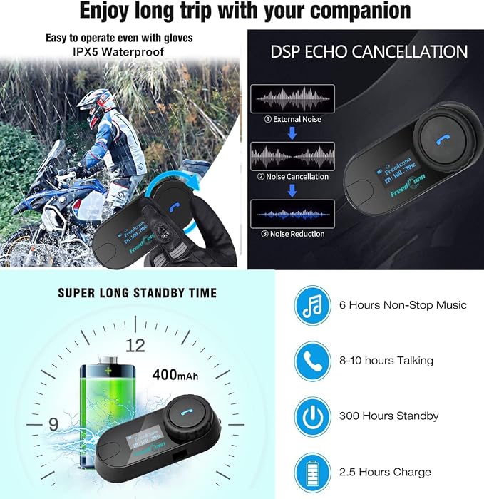 FreedConn 1pcs TCOM-SC Bluetooth Motorcycle Headset, 2-3 Riders Helmet - Image 6