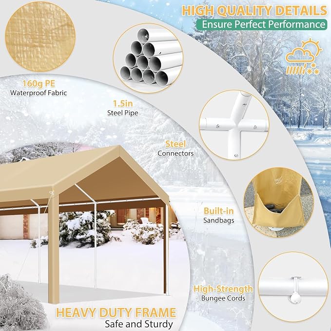 COBIZI Carport 10x20ft Heavy Duty Portable Garage, 2.0 Powder Coated Frame - Image 4