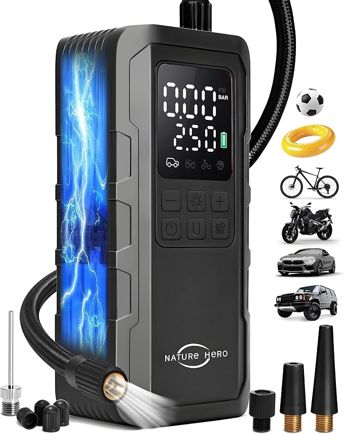 Tire Inflator Portable Air Compressor and Power Bank by NATUREHERO