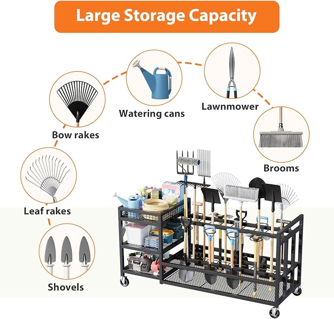 Garden Tool Organizer with Wheels-Movable Garden Tool Rack with Storage Hooks - Image 3