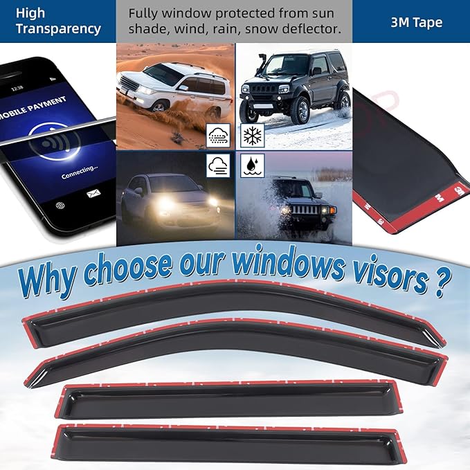 Set of 4 Front+Rear Smoke Sun/Rain Guard Outside Mount Tape-On Acrylic Window - Image 2