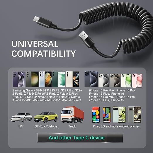 USB to USB C Cable Coiled Car Charger, C Charger Fast Charging Cord 3ft - Image 7