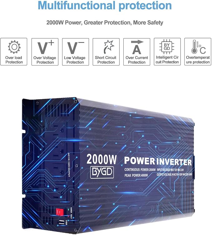 BYGD 2000W Power Inverter 12V DC to 110V AC Inverter Converter - Image 4