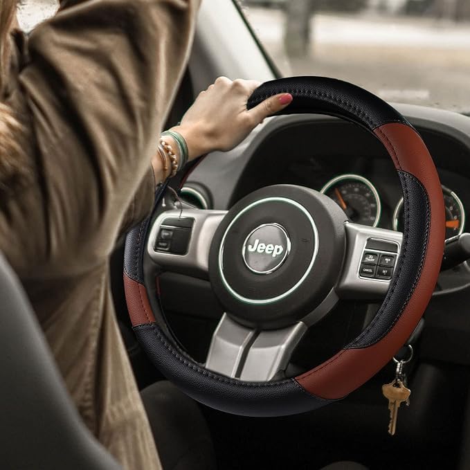 Leather Car Steering Wheel Cover, Non-Slip Car Wheel Cover Protector Breathable - Image 2