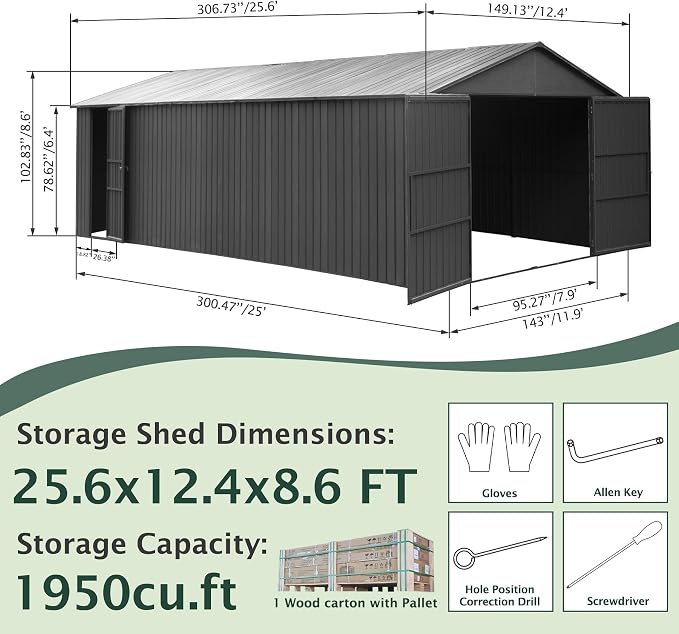 Domi 12'x25' Outdoor Metal Garage Shed, Weatherproof Enclosed Carport - Image 2
