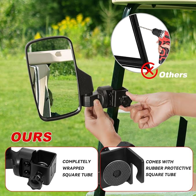 Upgraded Golf Cart Side Mirrors Full Package Tube&No Drilling, Fit - Image 8
