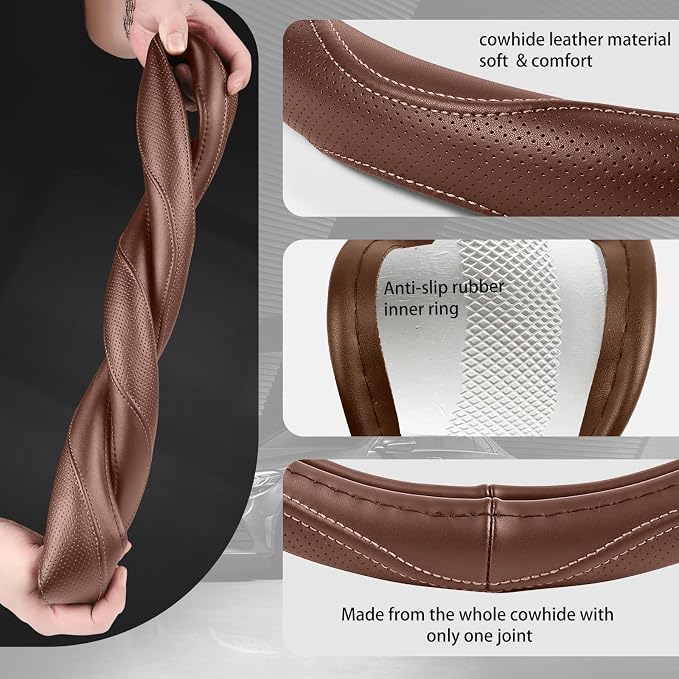 High-Grade Brown Genuine Leather Steering Wheel Cover - Image 5