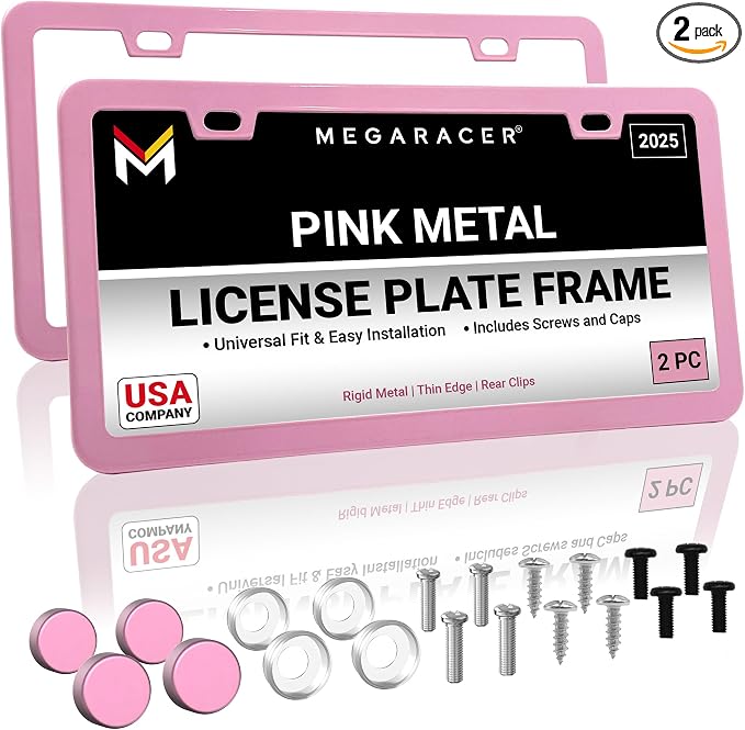 Premium Princess Pink License Plate Frames – 2 Pack, Rust-Free Stainless Steel by MegaRacer