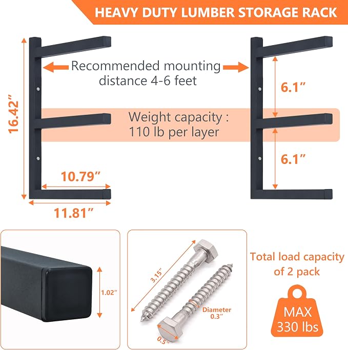 Wood Storage Racks with 3 Level, Garage Organizer Lumber Storage Rack Wall - Image 3