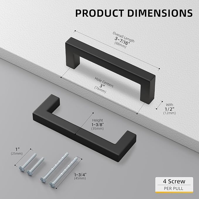 Goldenwarm 10 Pack Black Square Bar Cabinet Pull Drawer Handle Stainless Steel - Image 2