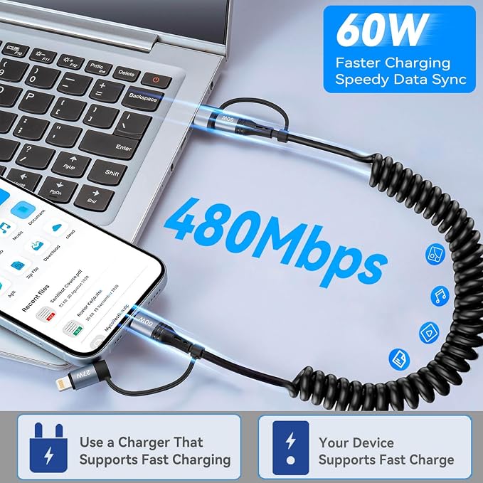 Coiled Lightning Cable 4 in 1 Multi Charging Cable 60W Fast Charging - Image 4