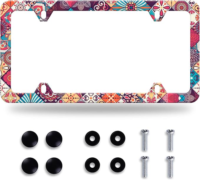 Stitching Tile Boho Pattern License Plate Frame Stainless Steel Parts Colorful by GORSNKYE