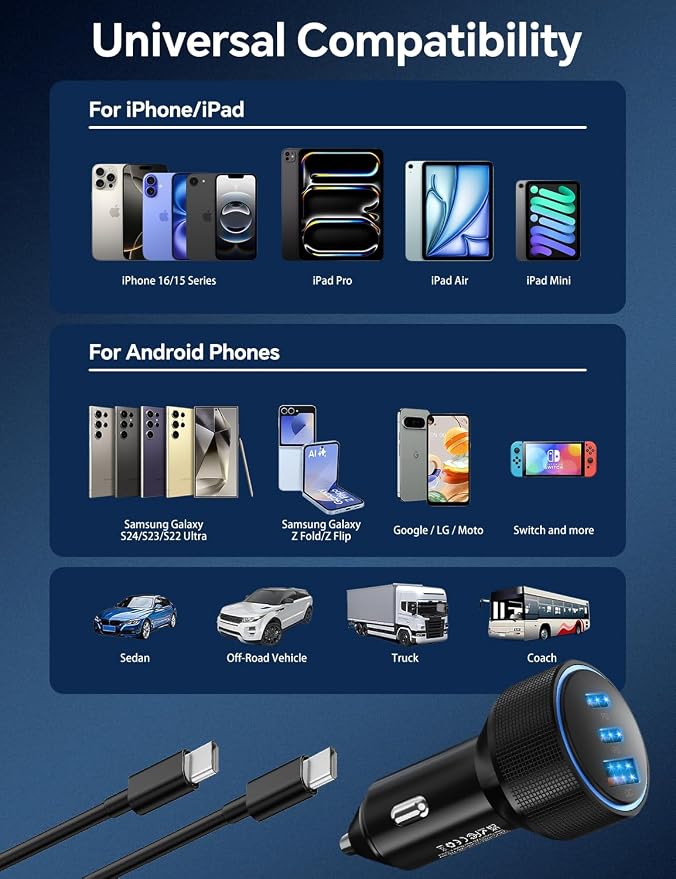 for iPhone 15/16 Pro Max Car Charger, 72W 3-Port Fast USB C Car Charger Power - Image 7