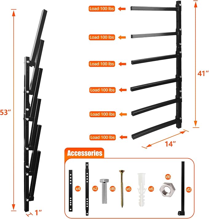 6-Tiered Collapsible Wall Mount Lumber Storage Metal Rack, 6-Level Foldable - Image 3