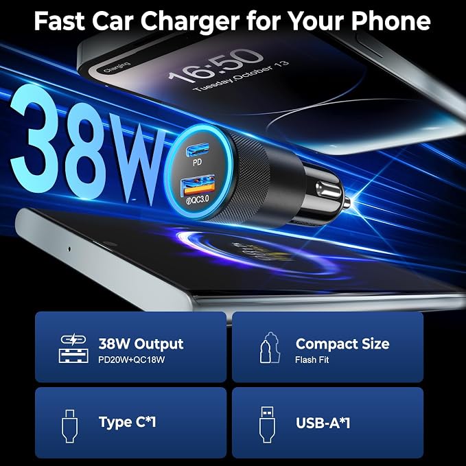 6 Pack USB C Car Charger, Ancekoy 38W Dual USB-C + USB-A Car Charger Adapter - Image 2