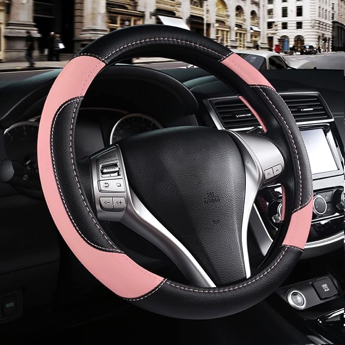 Leather Car Steering Wheel Cover, Non-Slip Car Wheel Cover Protector Breathable by Szttswamp