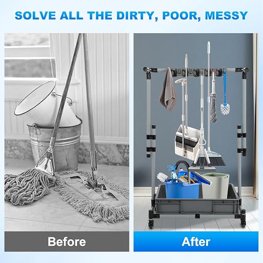 Broom and Mop Holder Freestanding Mobile Cleaning Tool Storage Rack, Floor - Image 2
