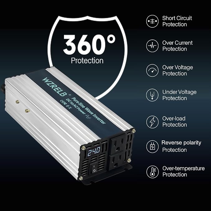WZRELB 1200W Pure Sine Wave Inverter 24V DC to 110V 120V AC Power Converter - Image 2