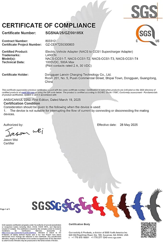 Fondwell NACS to CCS Charger Adapter: UL 2252 Safety Compliance Verified by SGS - Image 9
