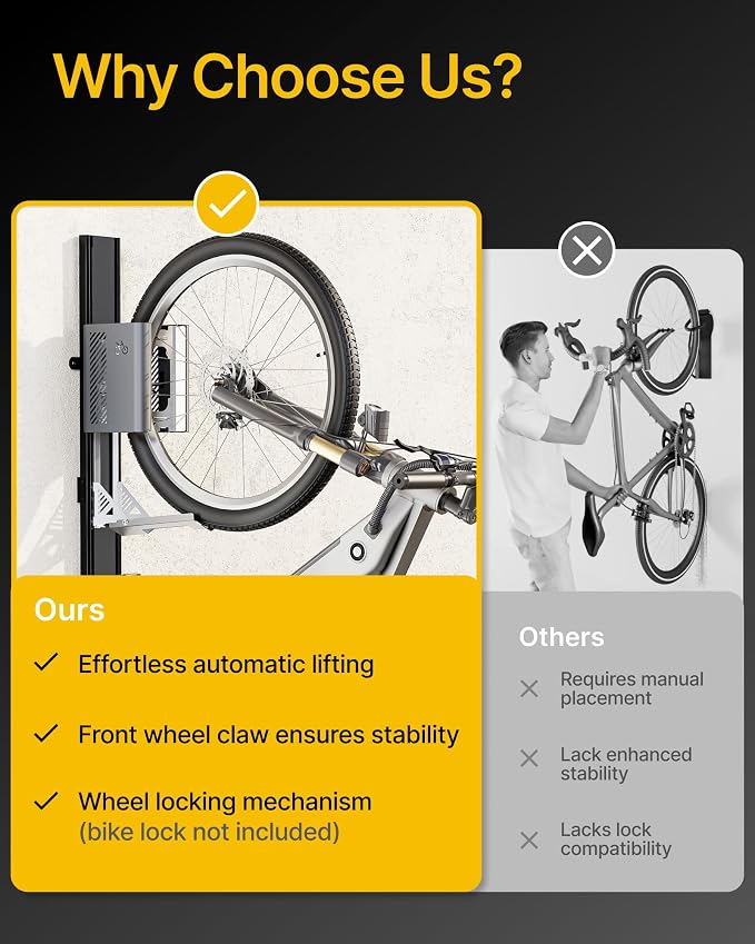 monTEK Automatic Lift EBike Rack – Fits 24-29" Tires, Heavy-Duty Vertical Wall - Image 5