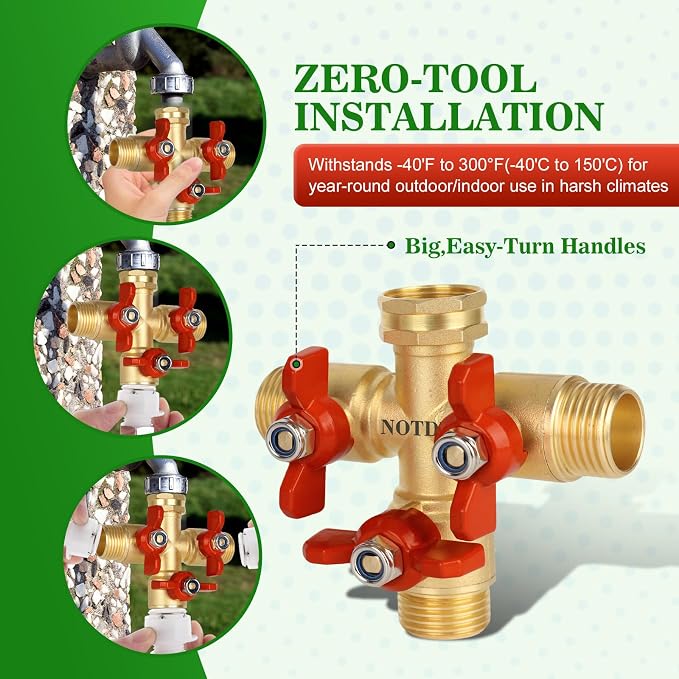 3 Way Hose Splitter, Solid Brass High Volume 3 Way Hose Splitter Valve - Image 2