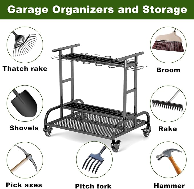 Garden Tool Organizer with Wheels, Large Capacity Garage Tool Rack with Hooks - Image 5