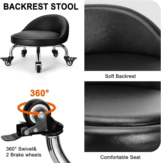 Rolling Stool with Backrest Low Height Rolling Stool with PU Leather, Roller - Image 4
