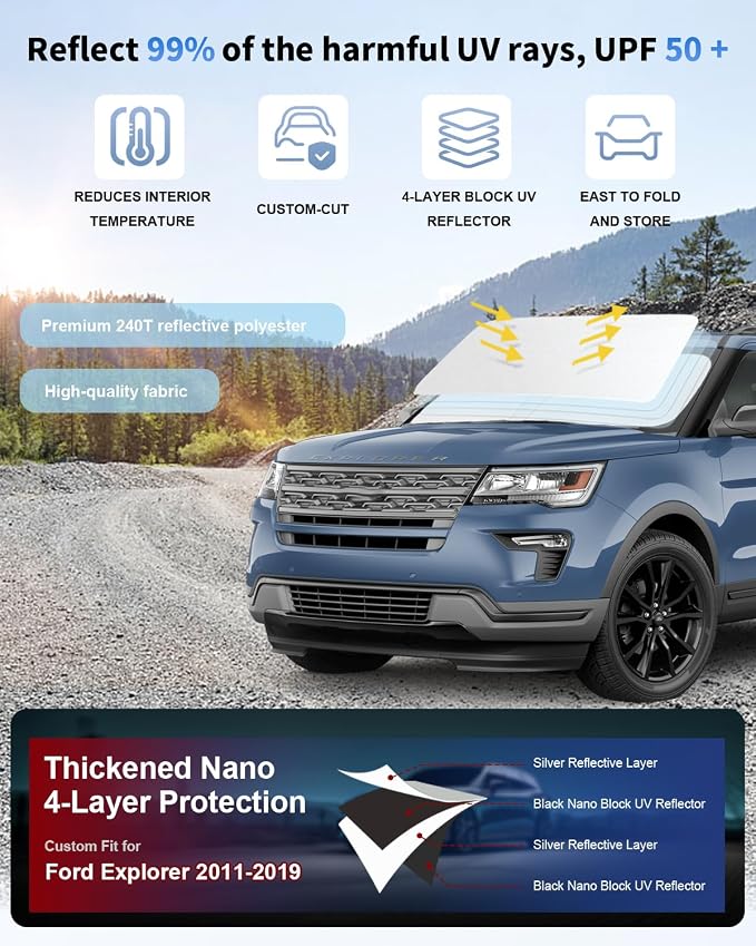 Windshield Sun Shade for 2011-2019 Ford Explorer SUV, ST XLT, Platinum - Image 2