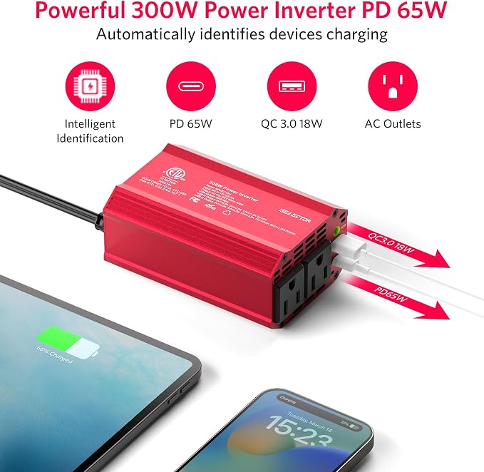 300W Car Power Inverter, USB-C PD65W QC 18W Converter Car Charger, DC 12V to - Image 2