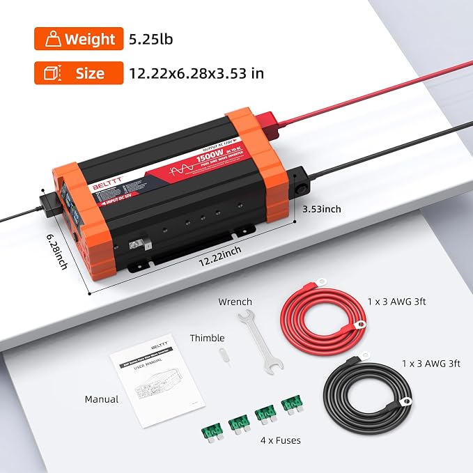 BELTTT 1500W Pure Sine Wave Inverter 12V to 120V AC, Car Power Inverter 12V to - Image 9