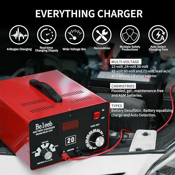 C20 Adjustable Battery Charger 12V 24V 36V 48V, 12A Pulses of High-Voltage - Image 2