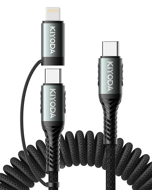 Coiled USB C to Lightning Cable 3FT, 2 in 1 iPhone 15 Charger Cord by KIYODA
