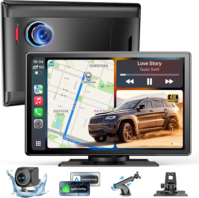 9''HD Wireless Carplay Screen For Car 4K Dash Cam&1080P Backup Camera by WonVon
