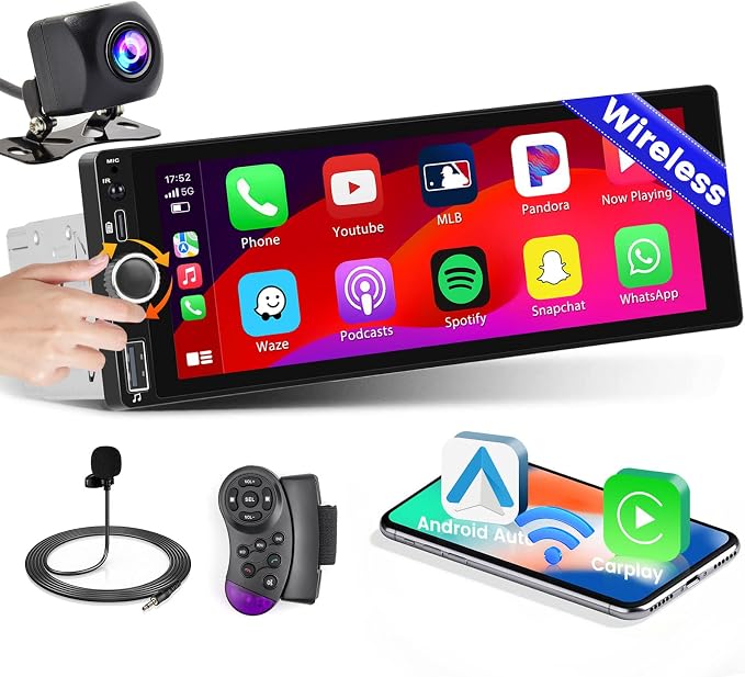 Single Din Car Stereo with Apple Carplay Android Auto, 6.9 Inch IPS Touch by INEFALA
