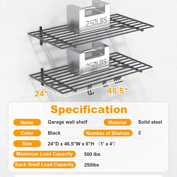2-Pack 2×4ft Steel Garage Wall Shelving, 500lbs Each Load Capacity, Tool & - Image 7