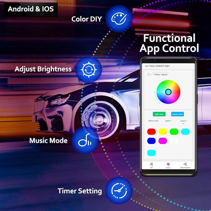 Dreamcolor Acrylic Interior Car Lights, 2 Piece 43.3inch/110cm 128 Colorful Car - Image 4