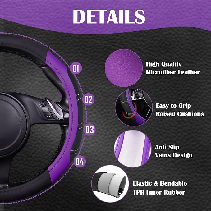 CAR PASS Line Rider Microfiber Leather Sporty 14.5-15 inch Steering Wheel Cover - Image 4