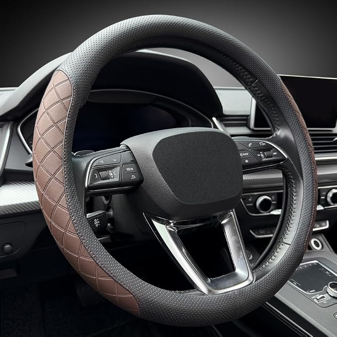 LKWLIKEI Nappa Leather Steering Wheel Cover, Elegant Diamond Checkered Design - Image 2