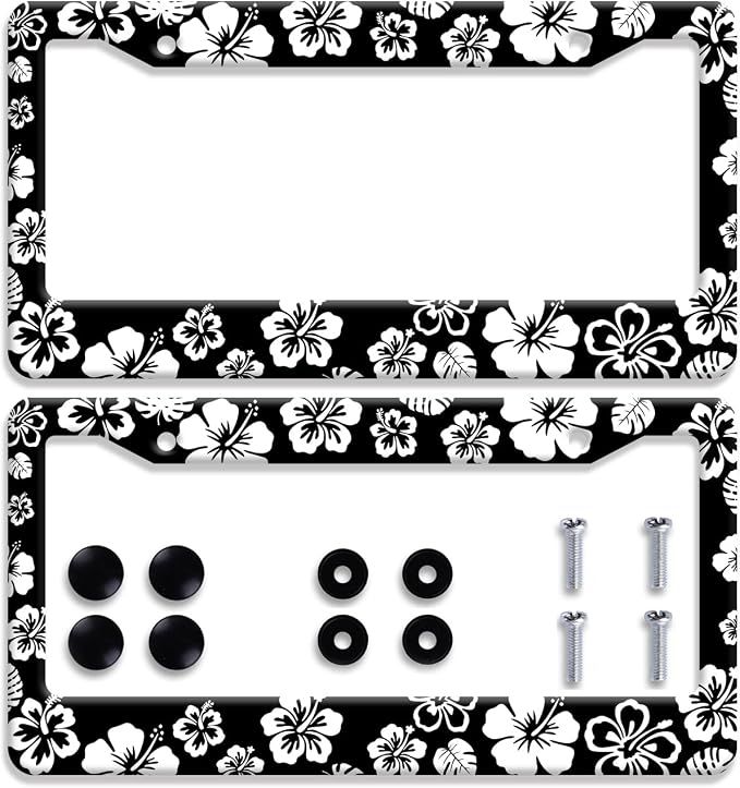 【2Pcs】 White Hibiscus Hawaii License Plate Frames Round Hole Personalise by Omw2fyb