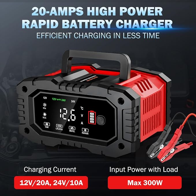 20-Amp Car Battery Charger, 12V/20A and 24V/10A LiFePO4, Lead-Acid Automatic - Image 3
